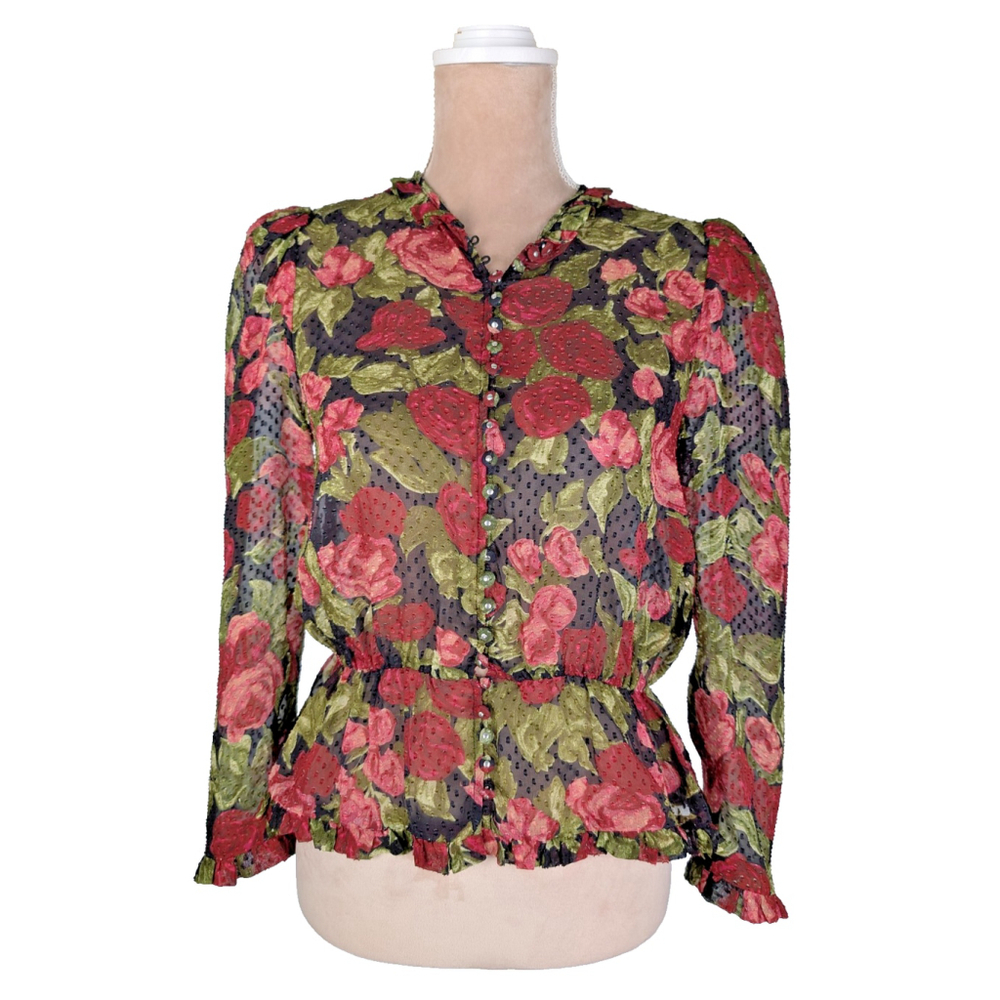 The Kooples Black Mesh Blouse with Red & Green Floral Print